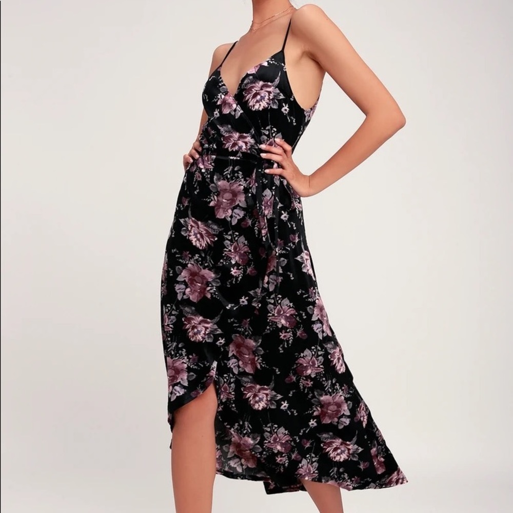 Lulus Moonlight Spell Black Floral Velvet High-Low Wrap Dress